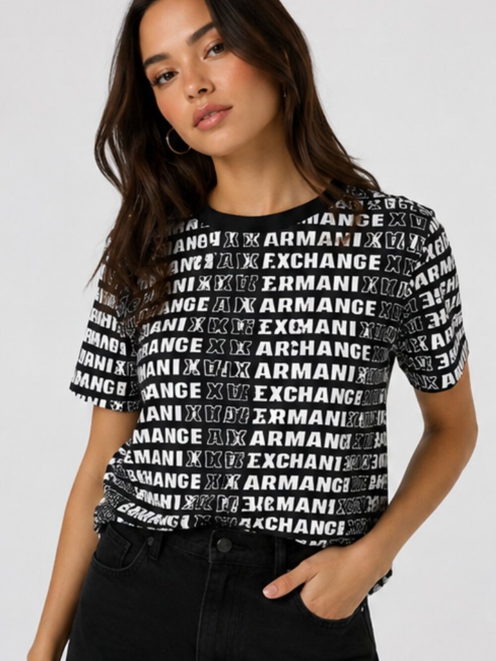 Armani Exchange AX All Over Logo Print T-Shirt Black White Graphic Tee Size S